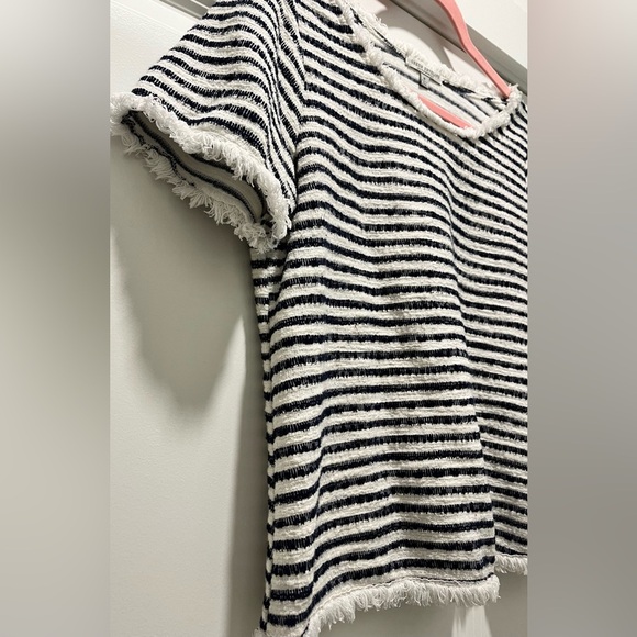 Top Crop Green Envelope White Navy Stripes Fringed Trim Woven SZ M Front Tuck - Picture 3 of 6